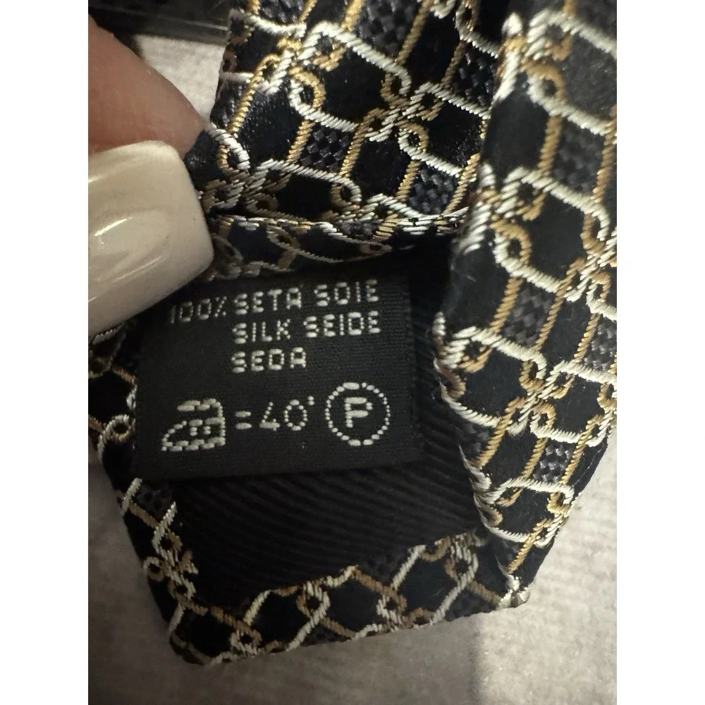 ERMENEGILDO ZEGNA Mens‎ 100% Silk Necktie ITALY Designer Geometric Black/Gold